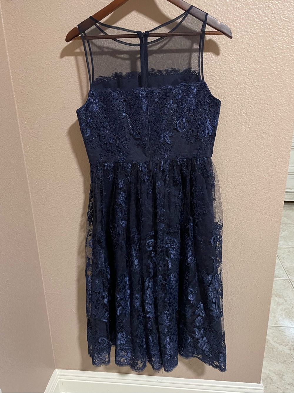 Adrianna Papell Navy Floral Lace Illusion Bodice Dress